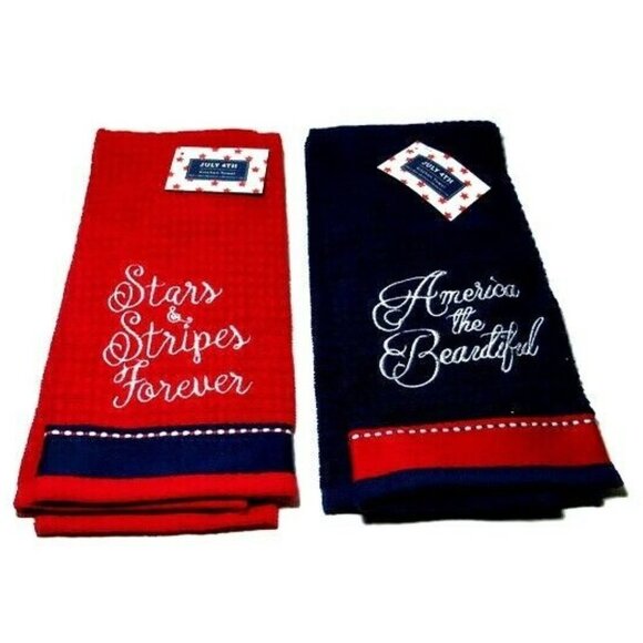 Patriotic Kitchen Towel Set Stars Stripes Forever America the Beautiful USA 4th - Picture 1 of 4